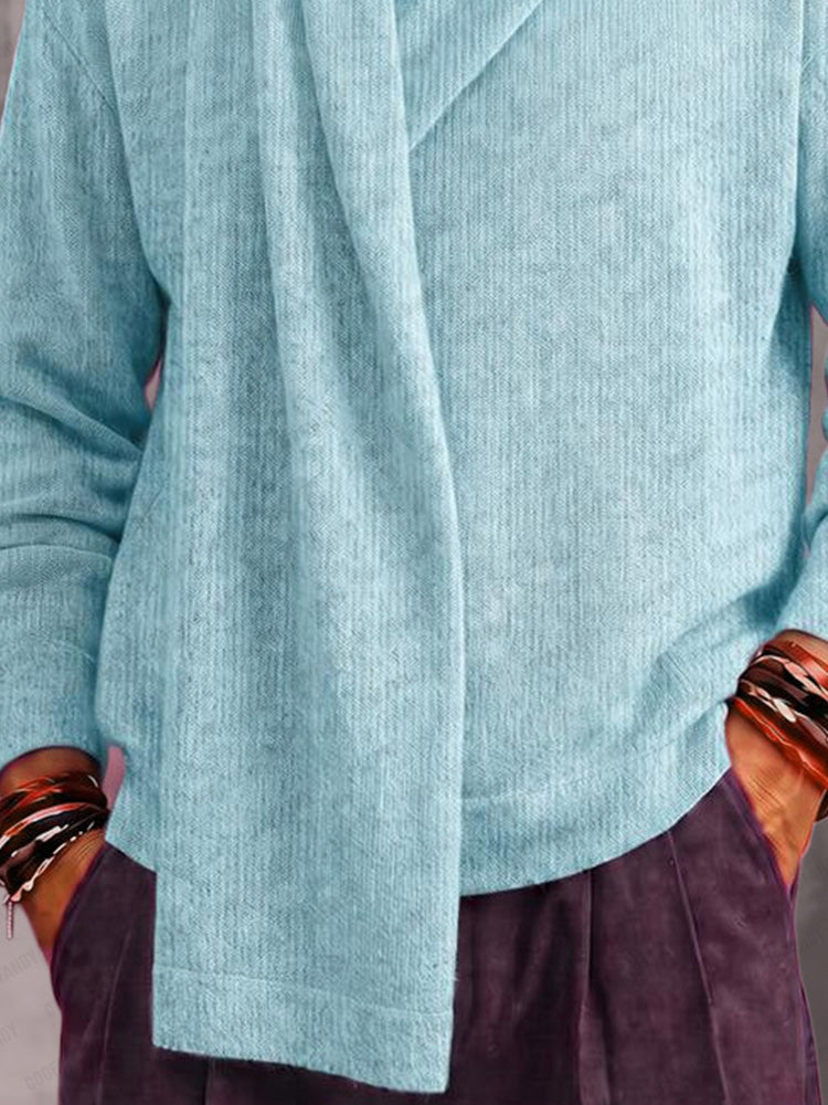 Casual Relaxed Fit Wrap Neck Knit Pullover Top - Blue