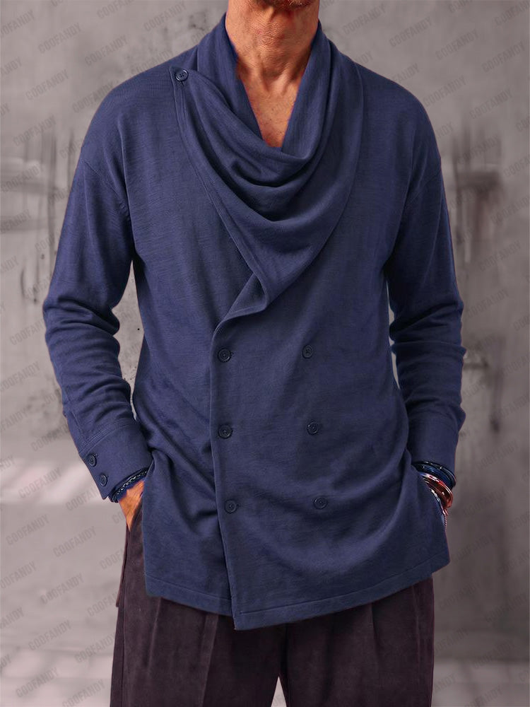 Casual Double-Breasted Cowl Neck Cardigan - Blue