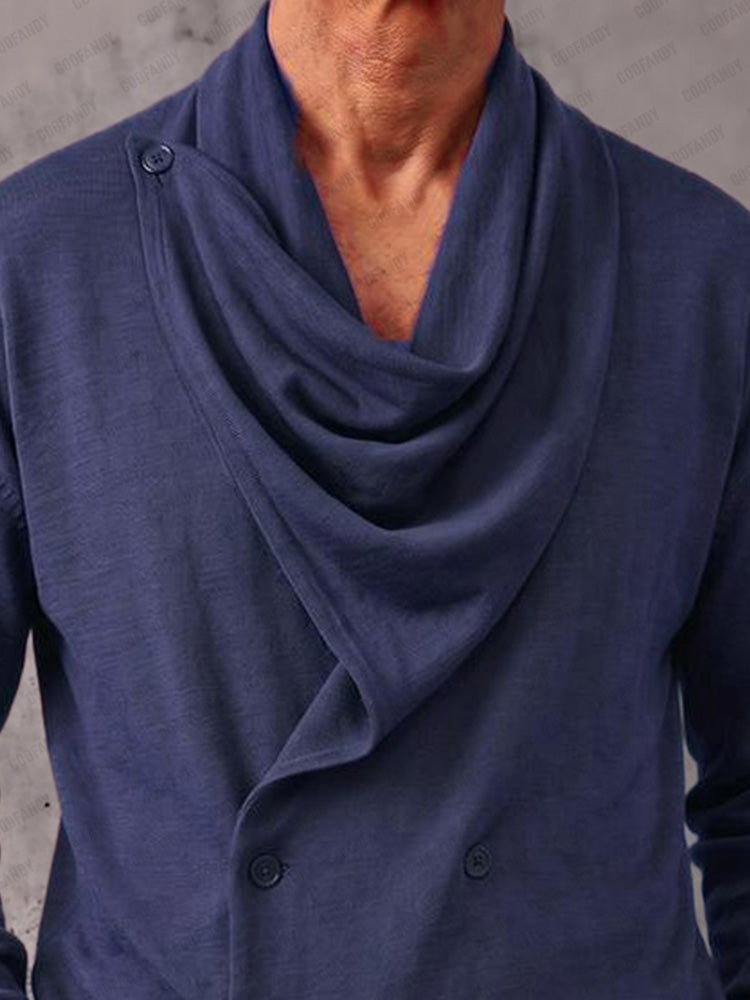 Casual Double-Breasted Cowl Neck Cardigan - Blue