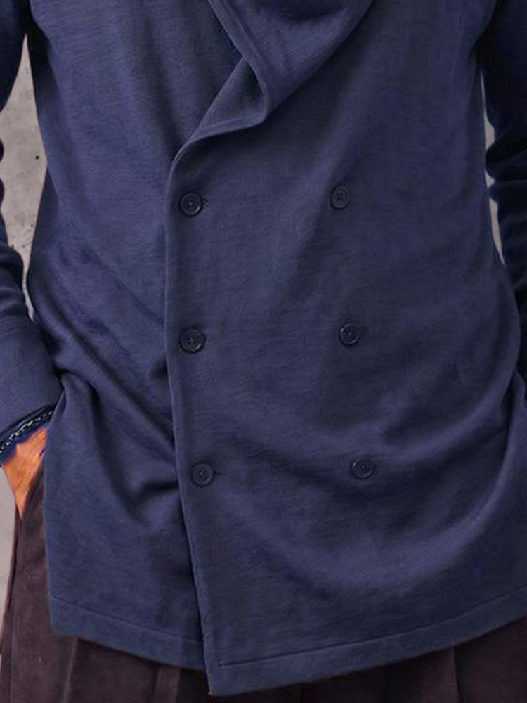 Casual Double-Breasted Cowl Neck Cardigan - Blue