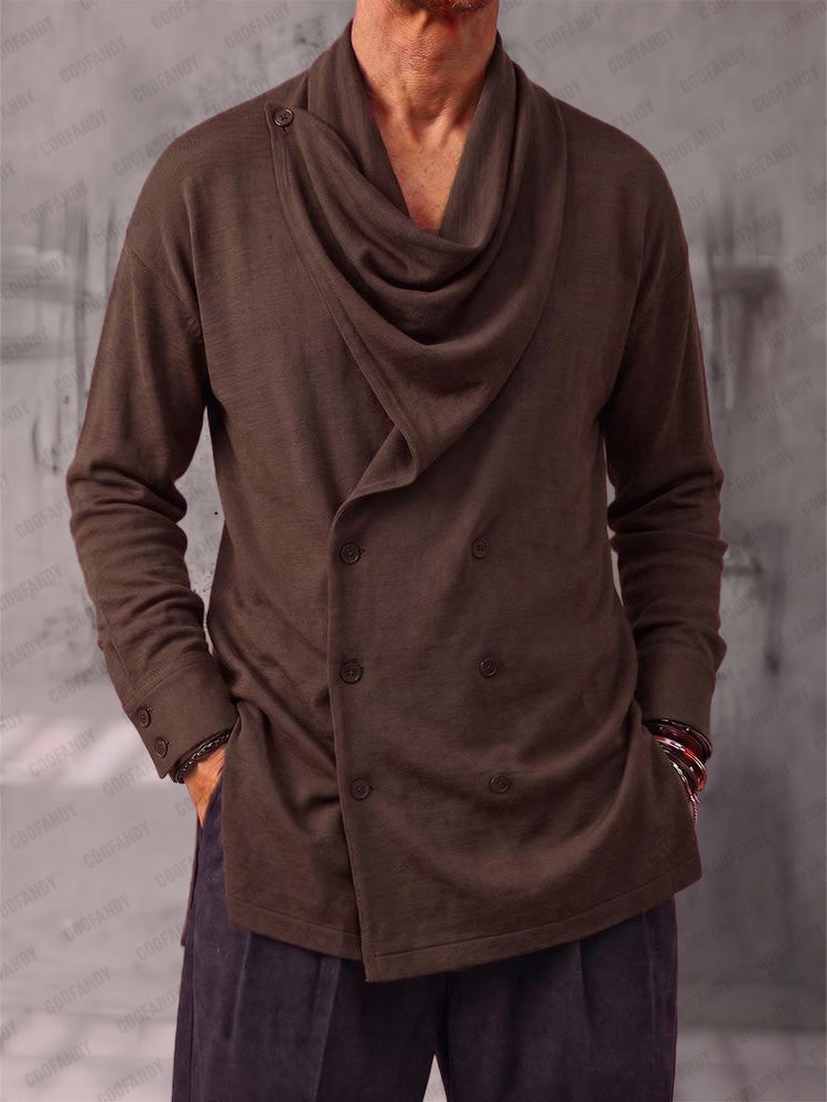 Casual Double-Breasted Cowl Neck Cardigan - Brown