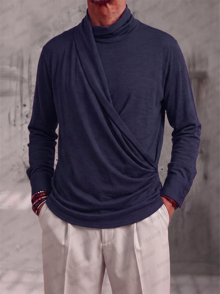 Asymmetrical Wrap Front Turtleneck Shirt - Blue