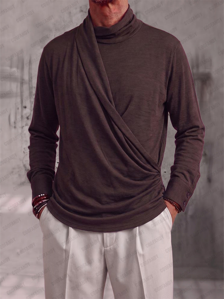 Asymmetrical Wrap Front Turtleneck Shirt - Coffee