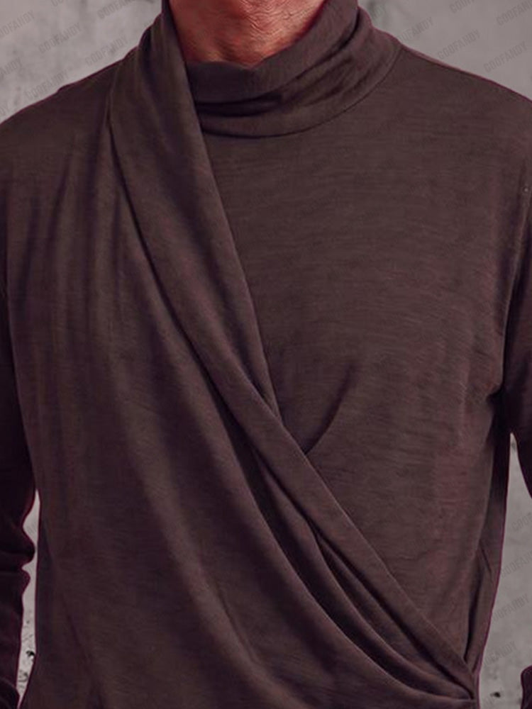 Asymmetrical Wrap Front Turtleneck Shirt - Coffee