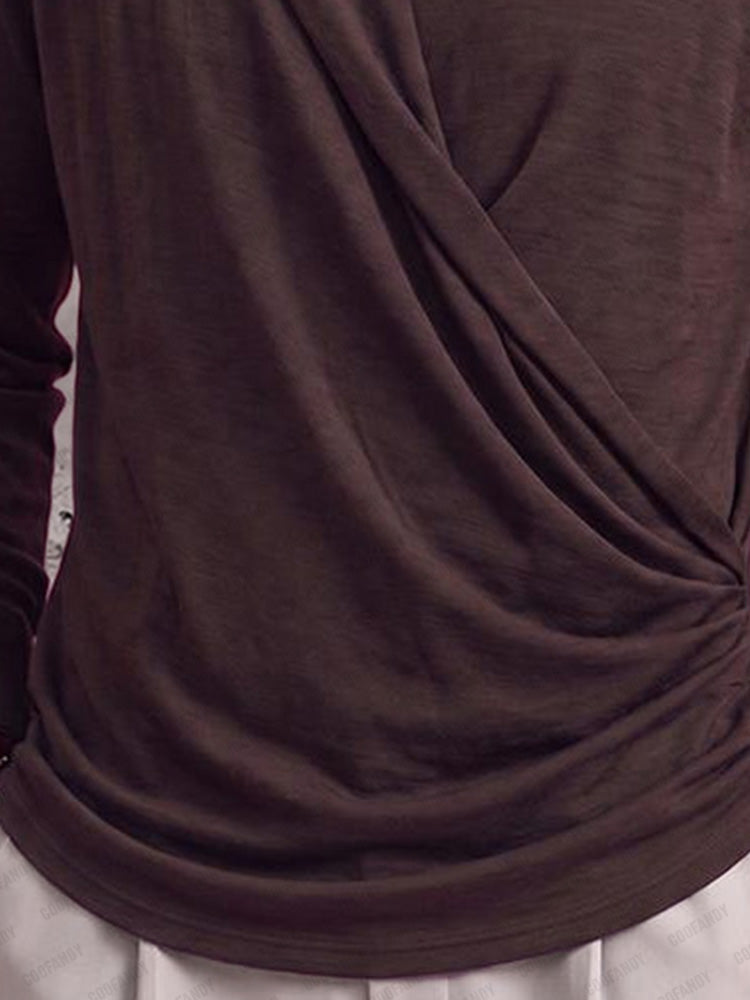 Asymmetrical Wrap Front Turtleneck Shirt - Coffee