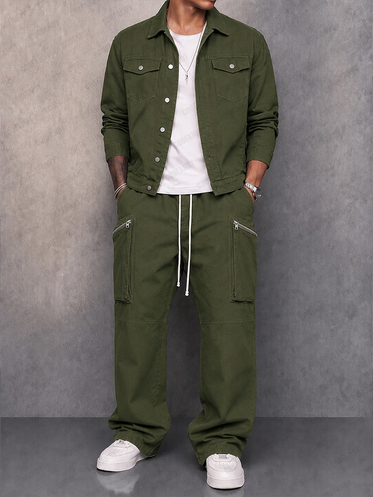 Utility 100% Cotton Jacket and Wide Leg Pants Set - Army Green