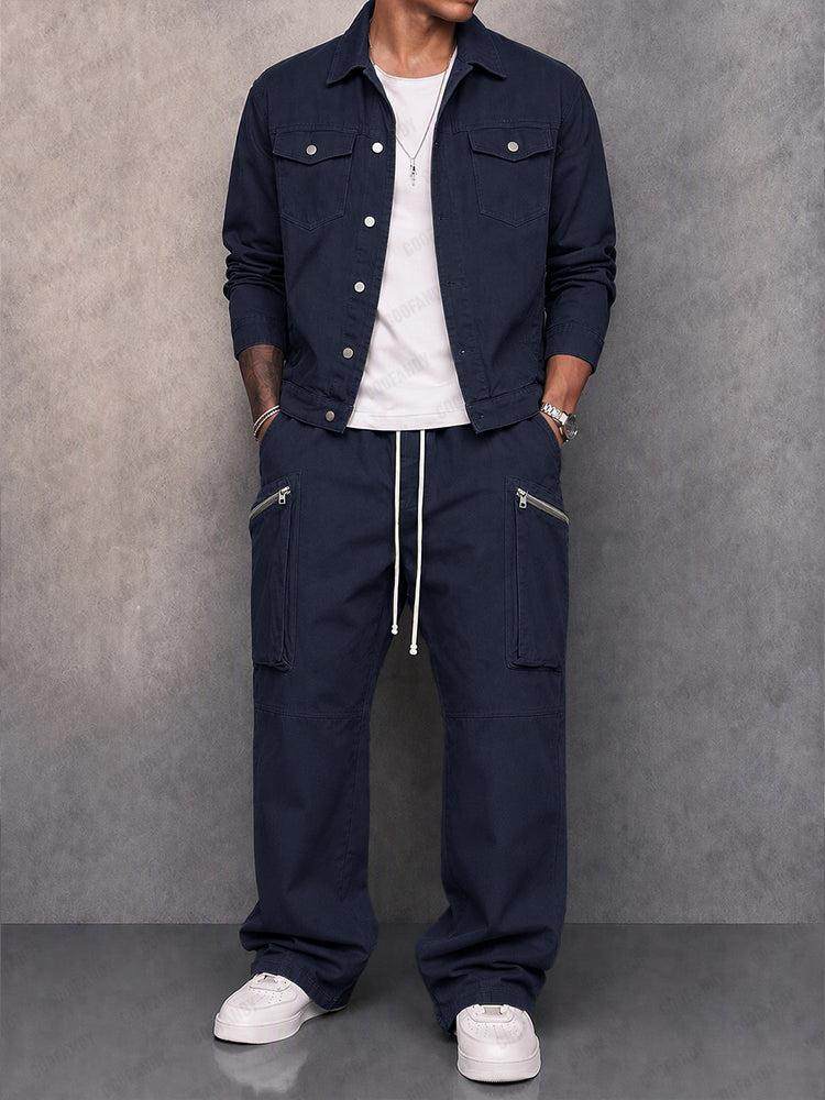 Utility 100% Cotton Jacket and Wide Leg Pants Set - Navy Blue