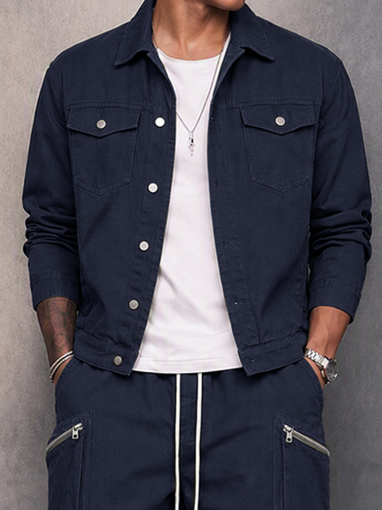 Utility 100% Cotton Jacket and Wide Leg Pants Set - Navy Blue