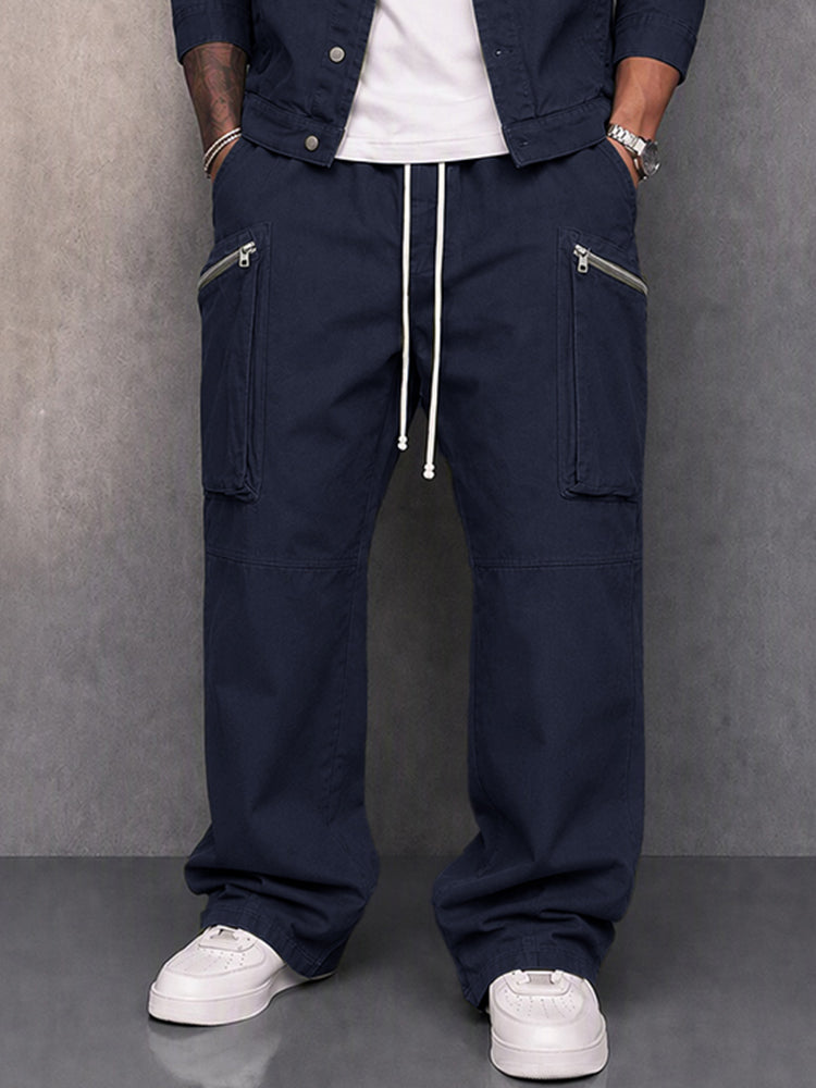 Utility 100% Cotton Jacket and Wide Leg Pants Set - Navy Blue