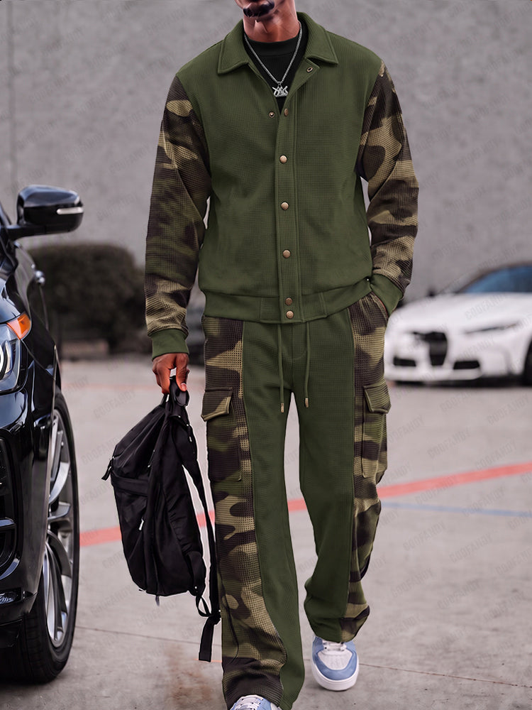 Military Camo Patchwork Jacket and Pants Set - Army Green