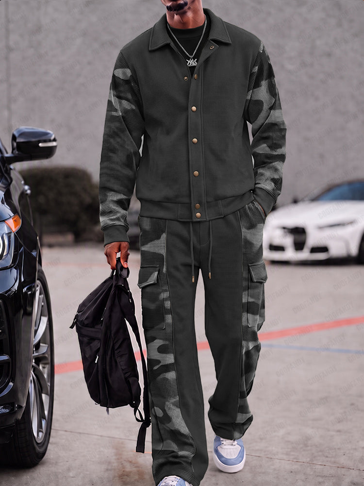 Military Camo Patchwork Jacket and Pants Set - Dark Gray
