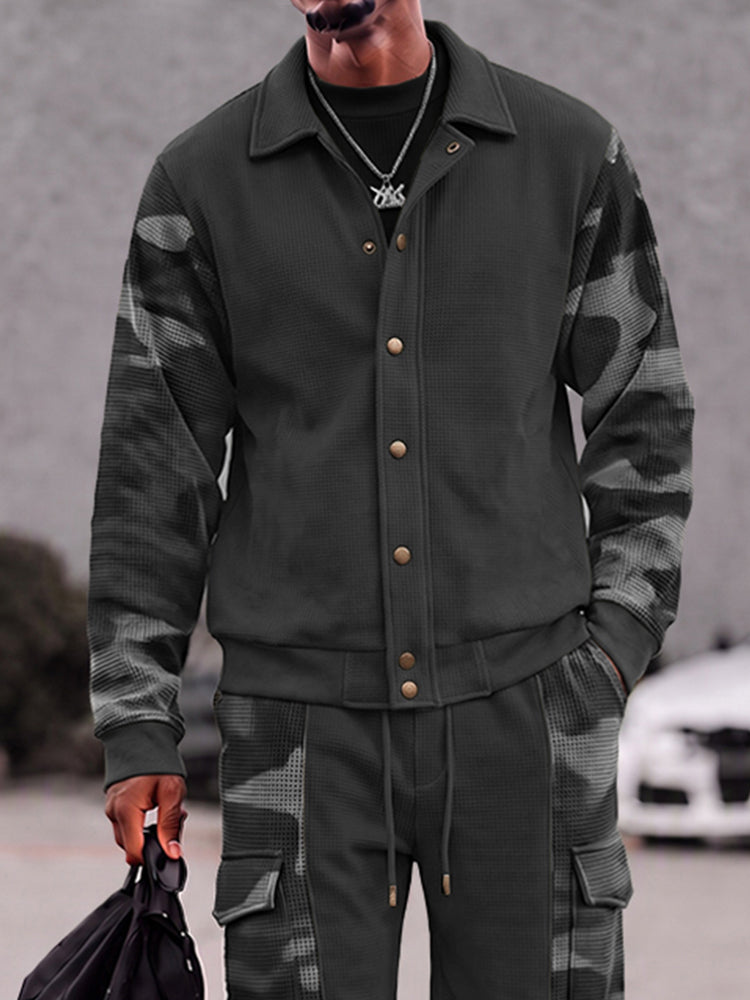 Military Camo Patchwork Jacket and Pants Set - Dark Gray