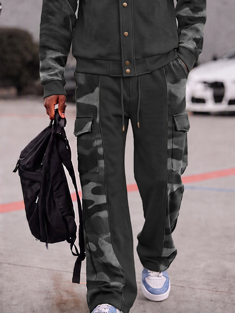 Military Camo Patchwork Jacket and Pants Set - Dark Gray