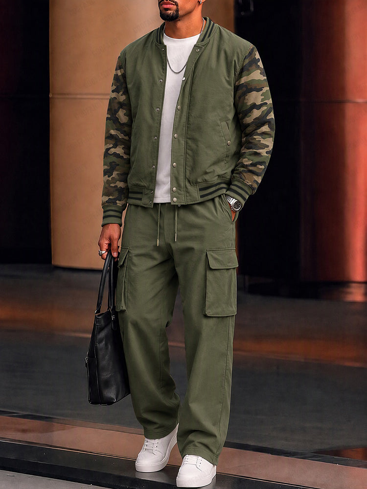 Casual Camouflage Color Block Matching Set - Army Green