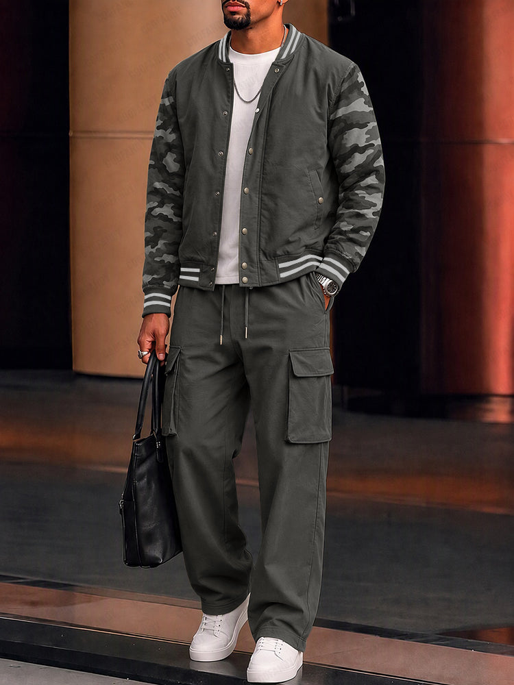 Casual Camouflage Color Block Matching Set - Gray