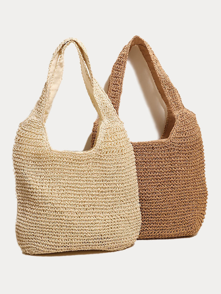 Minimalist Beach Large Woven Straw Shoulder Bag - Apricot