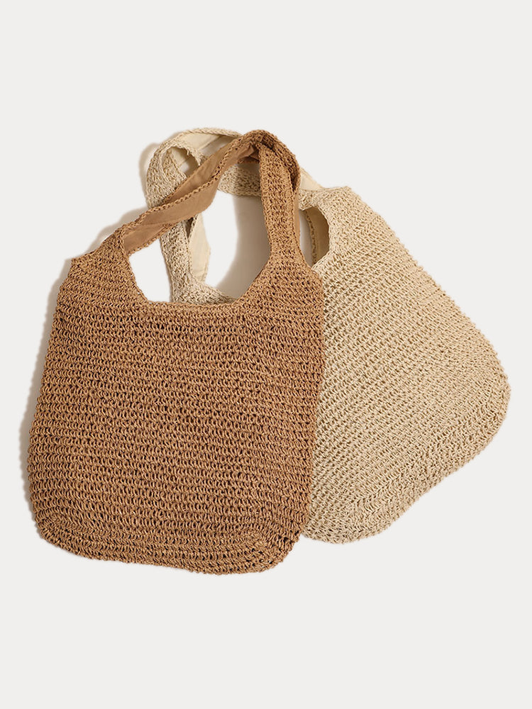 Minimalist Beach Large Woven Straw Shoulder Bag - Apricot