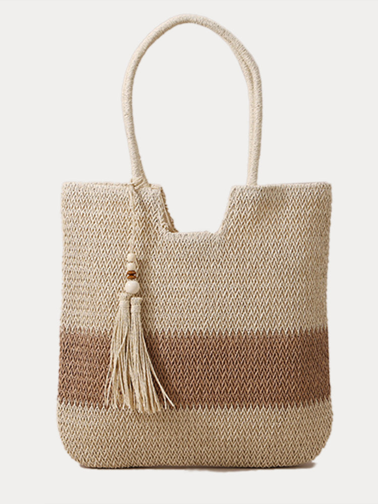 Vacation Casual Color Block Straw Shoulder Bag - Apricot