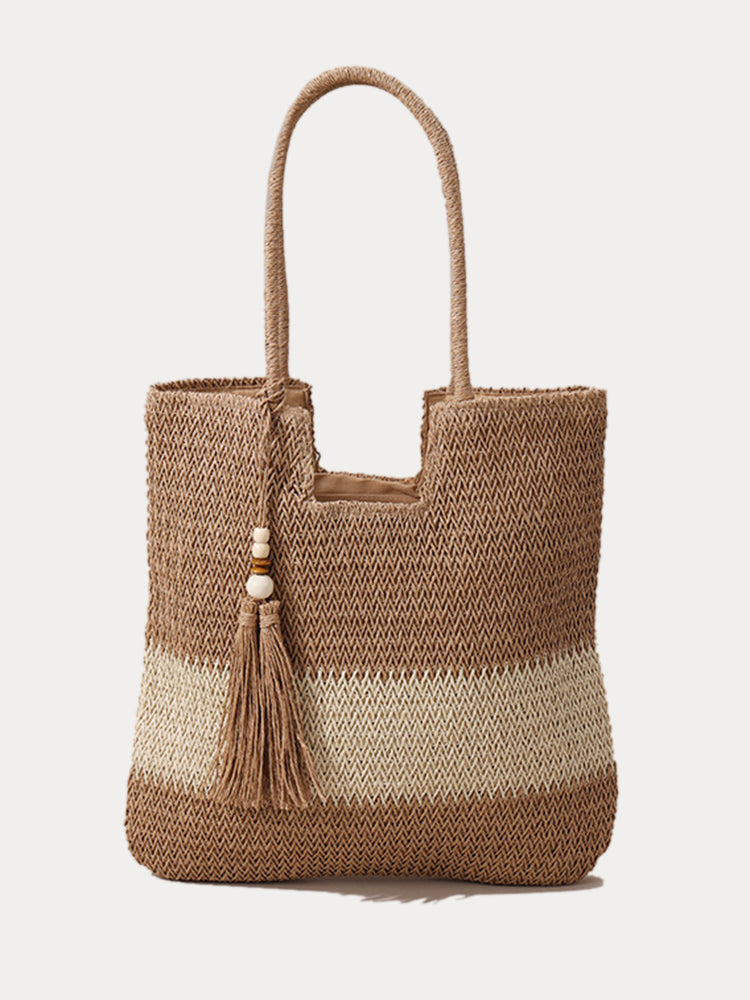Vacation Casual Color Block Straw Shoulder Bag - Khaki