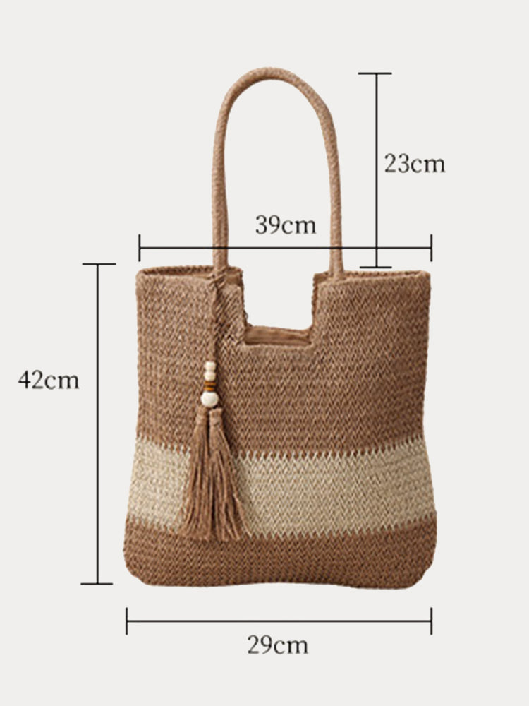 Vacation Casual Color Block Straw Shoulder Bag - Khaki