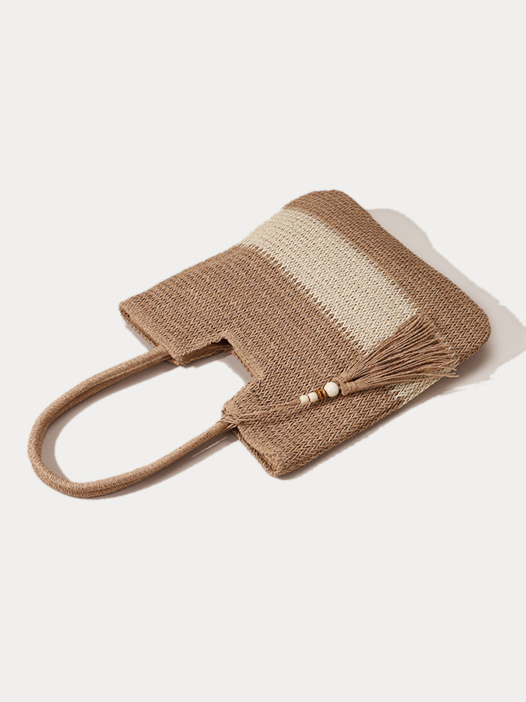 Vacation Casual Color Block Straw Shoulder Bag - Khaki