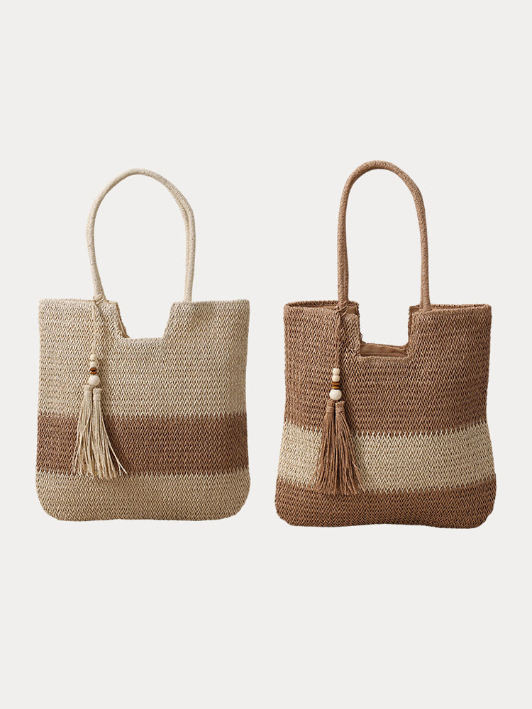 Vacation Casual Color Block Straw Shoulder Bag - Khaki