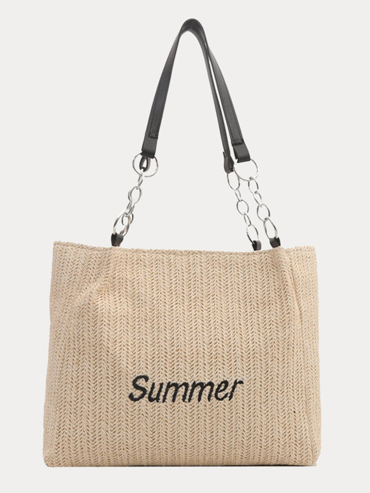 Large Capacity Woven Straw Tote Bag - Black