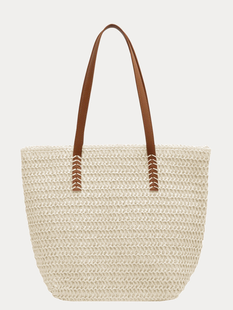 Minimalist Vacation Woven Straw Tote Bag - Beige