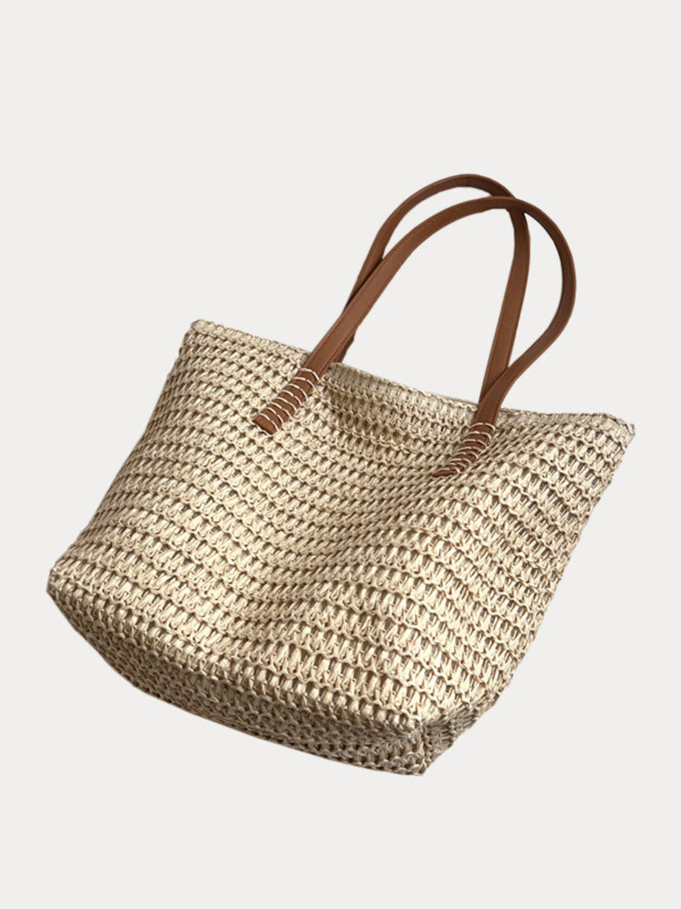 Minimalist Vacation Woven Straw Tote Bag - Beige