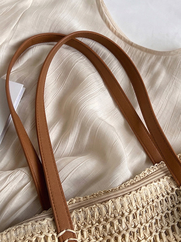 Minimalist Vacation Woven Straw Tote Bag - Beige