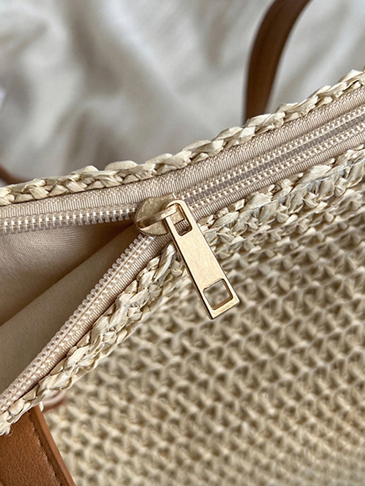 Minimalist Vacation Woven Straw Tote Bag - Beige