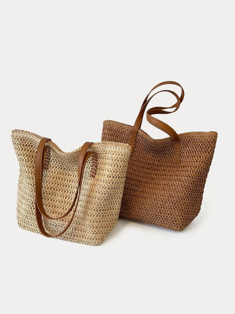 Minimalist Vacation Woven Straw Tote Bag - Khaki