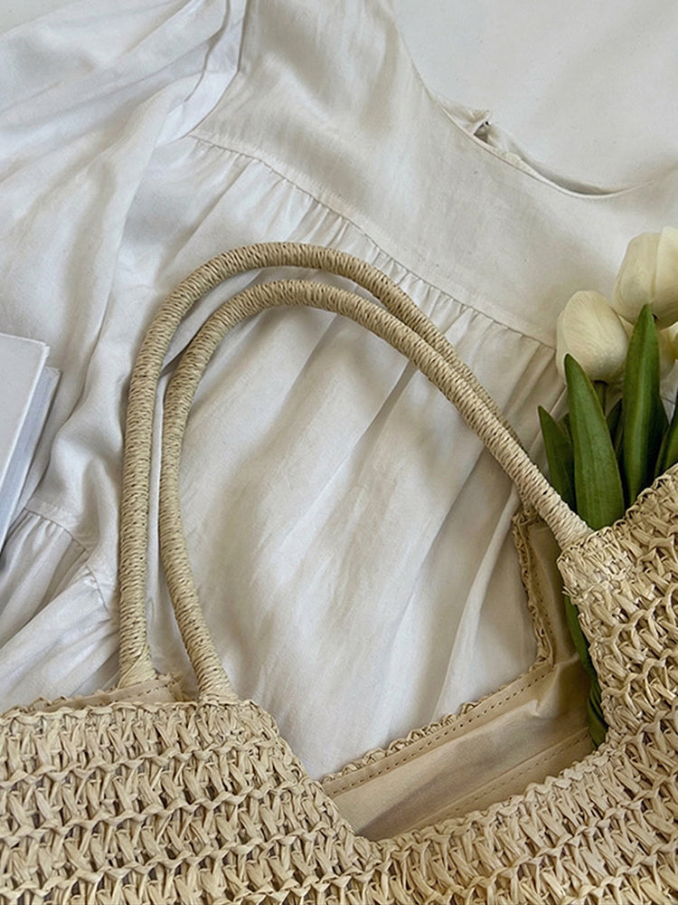 Boho Simple Large Capacity Woven Straw Tote Bag - Beige