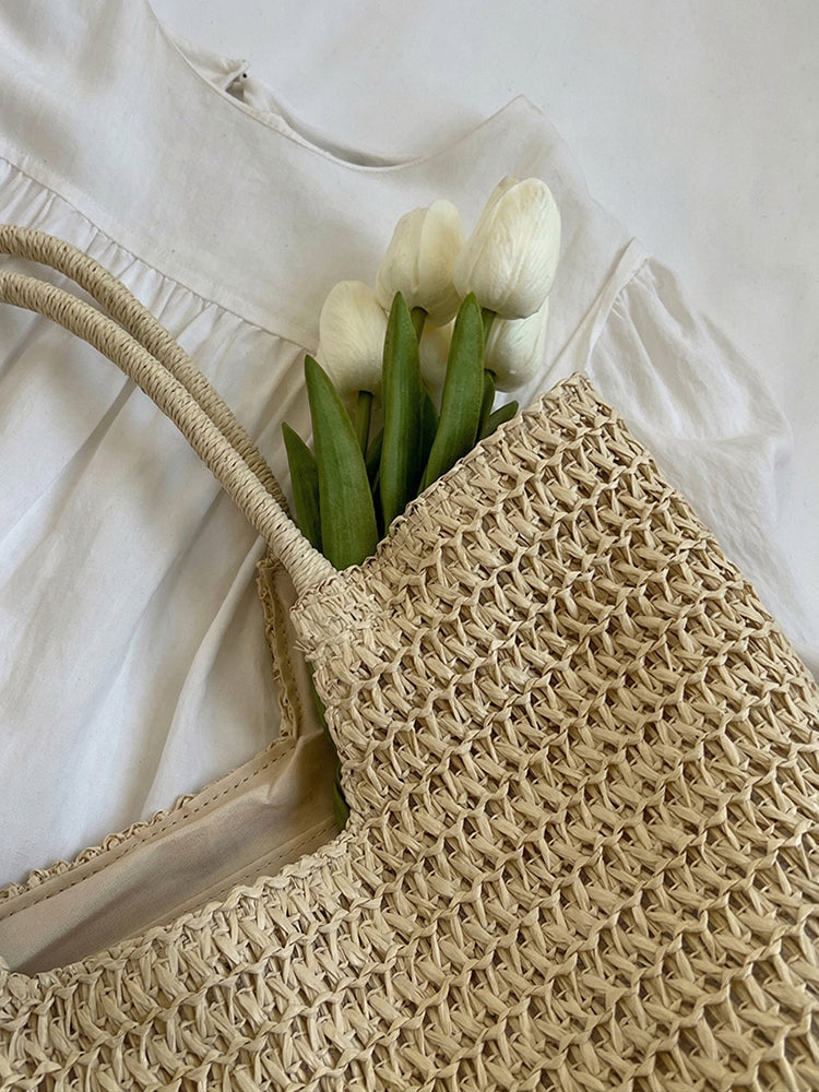 Boho Simple Large Capacity Woven Straw Tote Bag - Beige