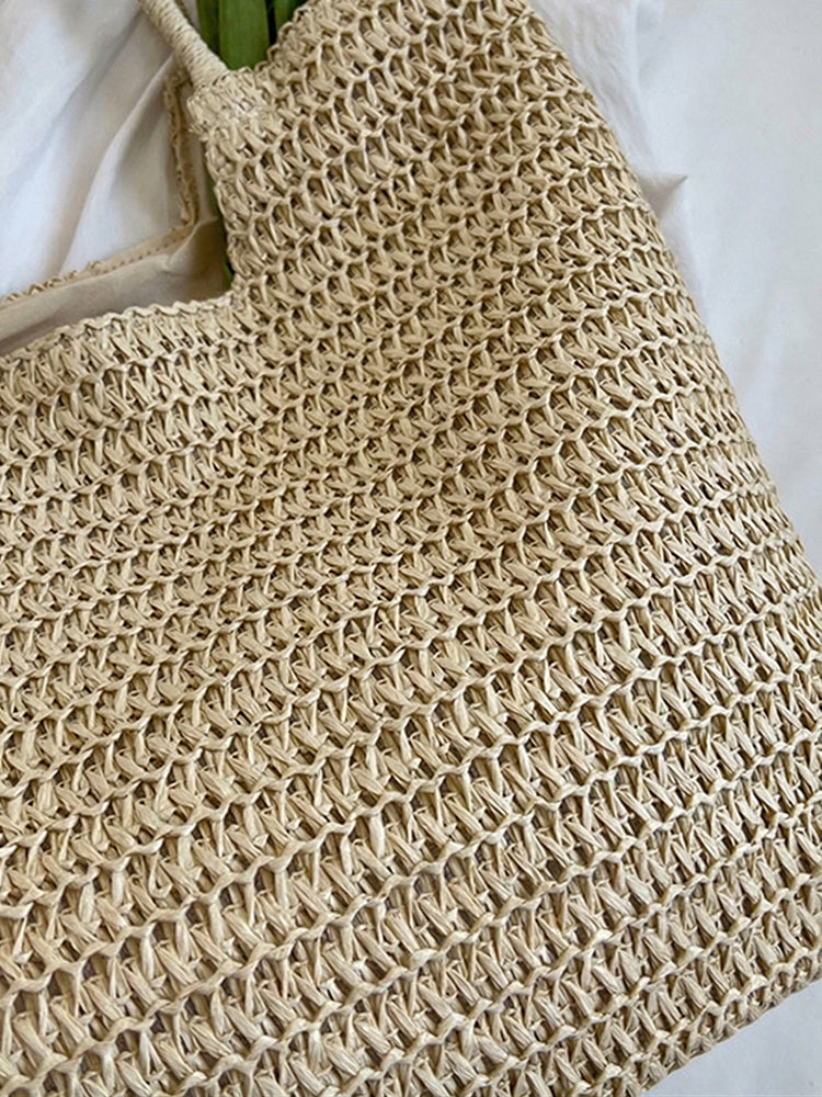 Boho Simple Large Capacity Woven Straw Tote Bag - Beige