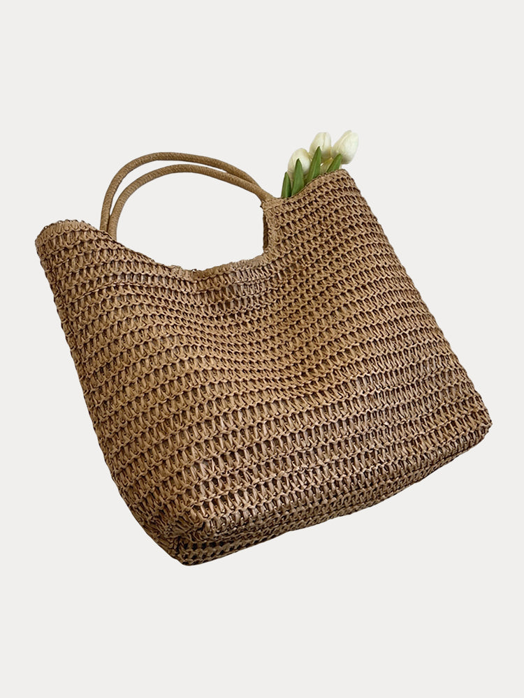Boho Simple Large Capacity Woven Straw Tote Bag - Khaki