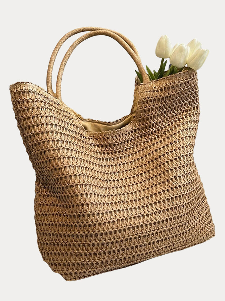 Boho Simple Large Capacity Woven Straw Tote Bag - Khaki