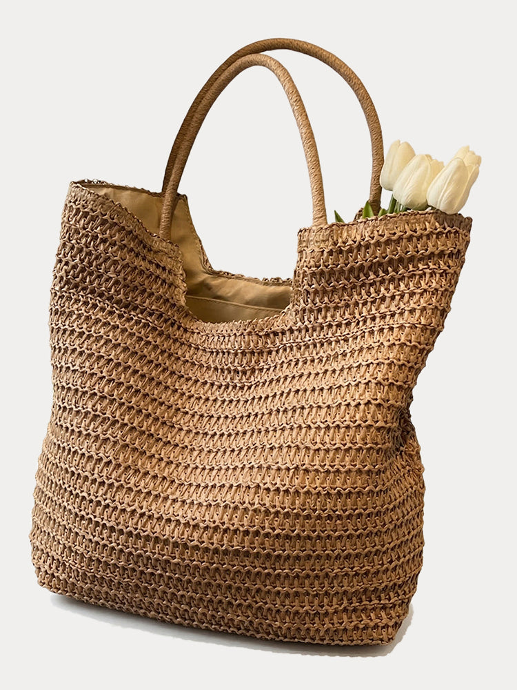 Boho Simple Large Capacity Woven Straw Tote Bag - Khaki