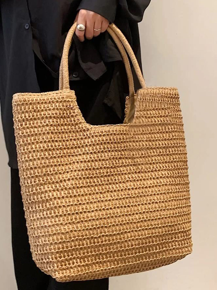 Boho Simple Large Capacity Woven Straw Tote Bag - Khaki
