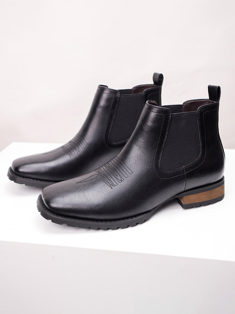 Western Embroidered Square Toe Chelsea Boots - Black