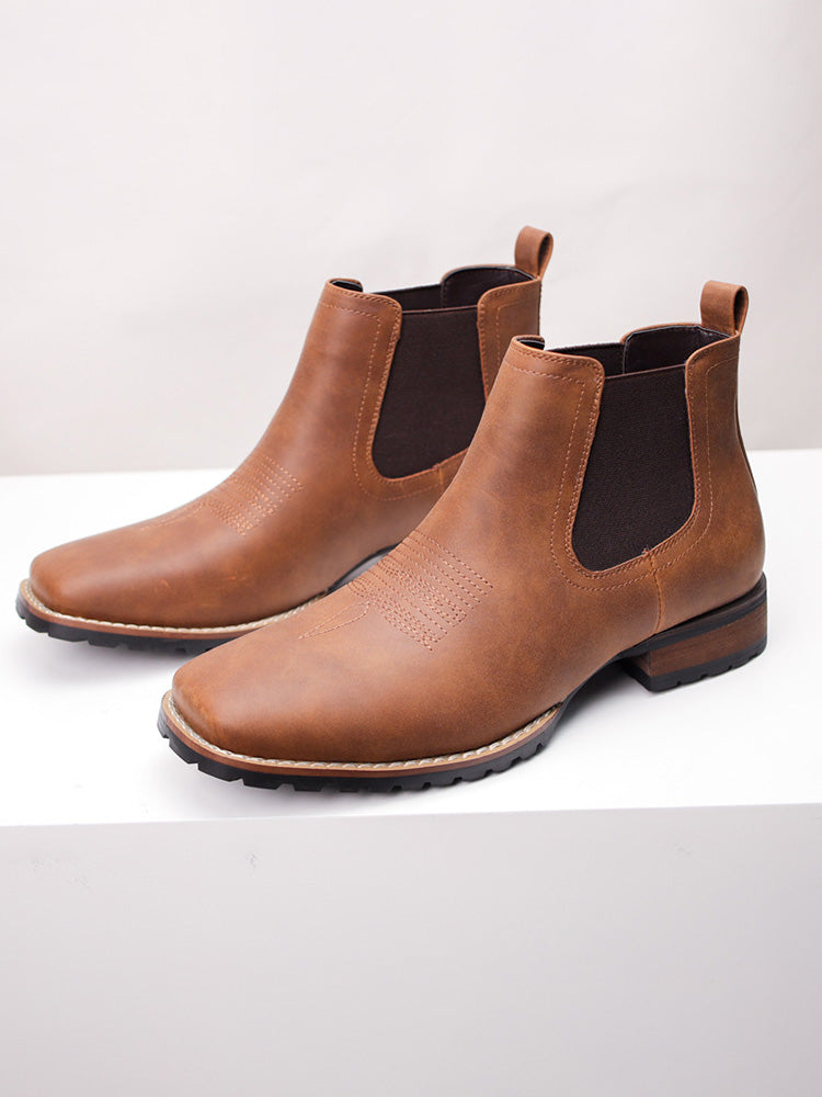 Western Embroidered Square Toe Chelsea Boots - Brown