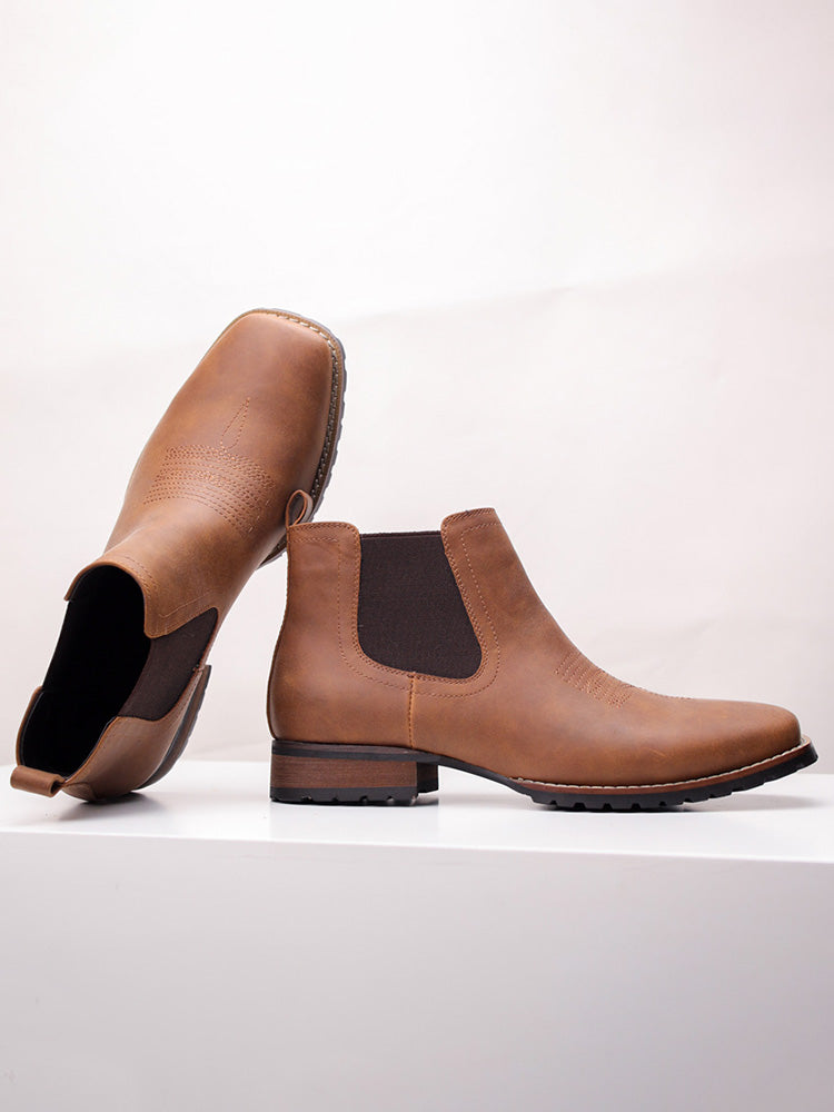 Western Embroidered Square Toe Chelsea Boots - Brown