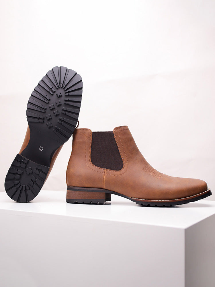 Western Embroidered Square Toe Chelsea Boots - Brown