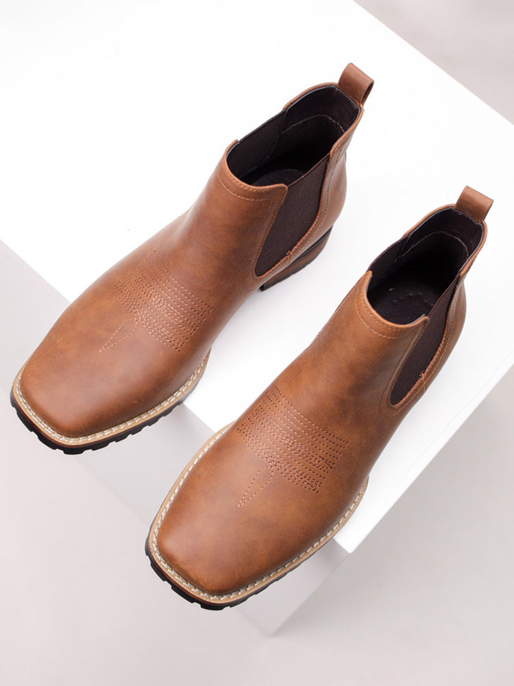 Western Embroidered Square Toe Chelsea Boots - Brown