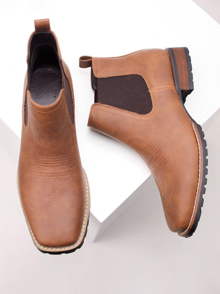 Western Embroidered Square Toe Chelsea Boots - Brown