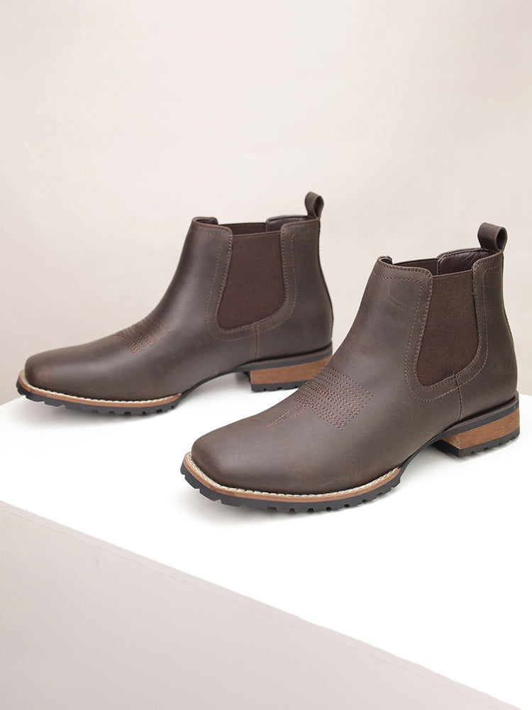 Western Embroidered Square Toe Chelsea Boots - Dark Brown