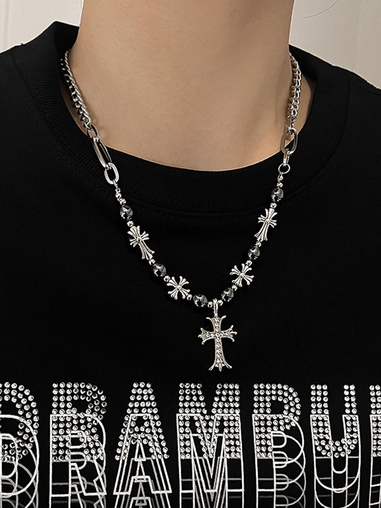 Fashion Retro Gothic Cross Bead Necklace - Silver
