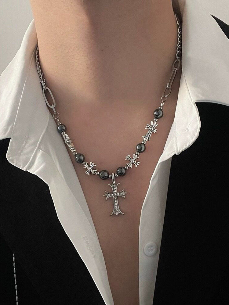 Fashion Retro Gothic Cross Bead Necklace - Silver