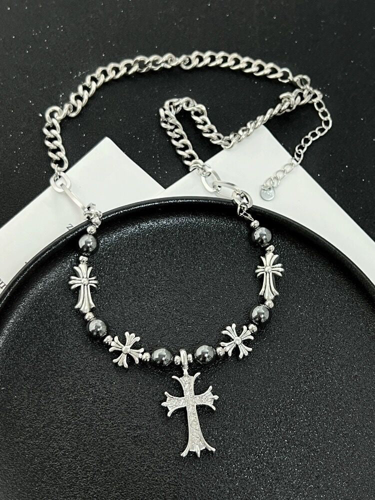 Fashion Retro Gothic Cross Bead Necklace - Silver