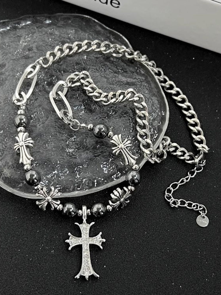 Fashion Retro Gothic Cross Bead Necklace - Silver